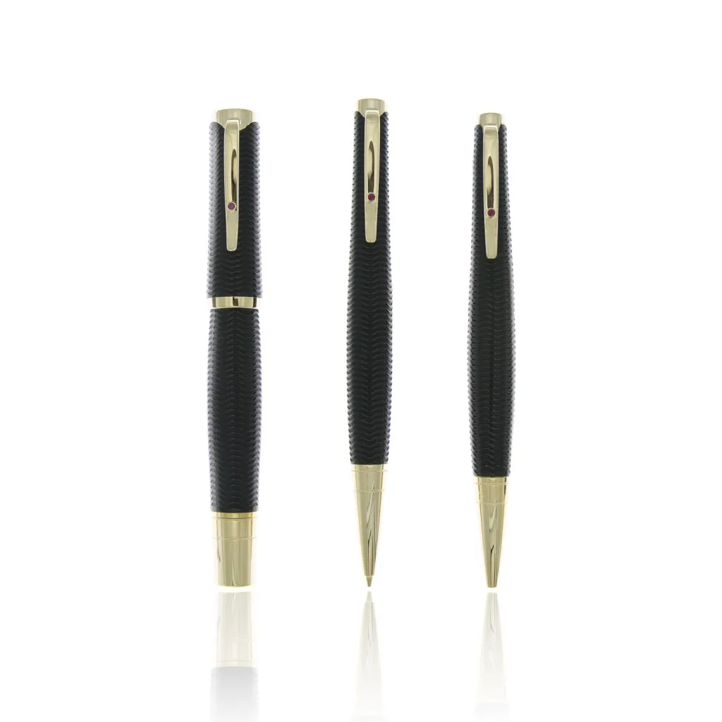 mont black three ballpoint black pen with gold details on the body of the pen
