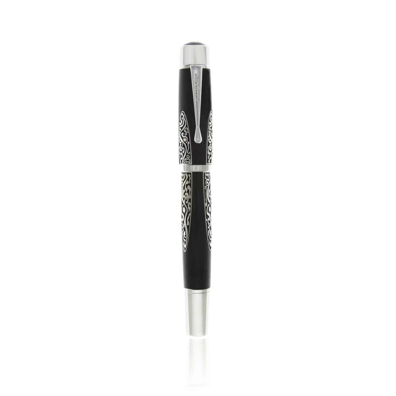 mont black ballpoint black pen with silver details on the body of the pen and silver