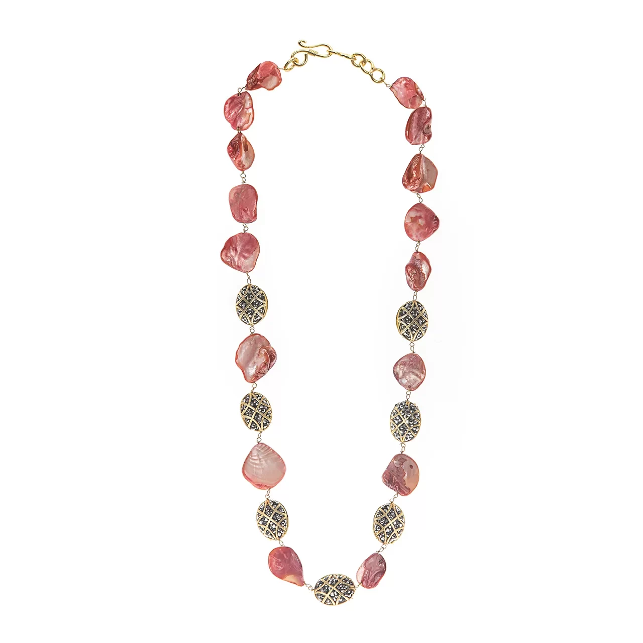 a front view of a necklace with pink opal gemstones and black stones with a gold chain