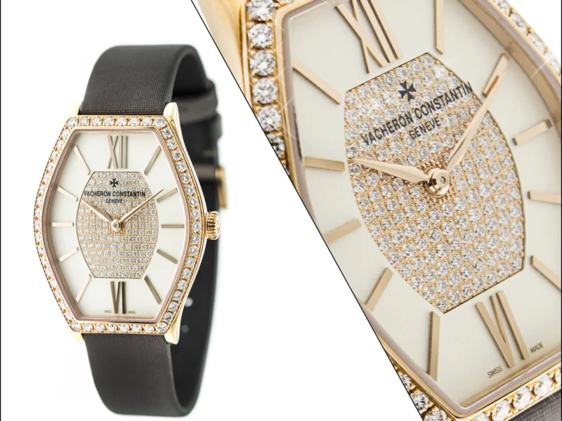 front and a close up on Vacheron Constantin watch with gold details with small diamonds and a brown leather strap