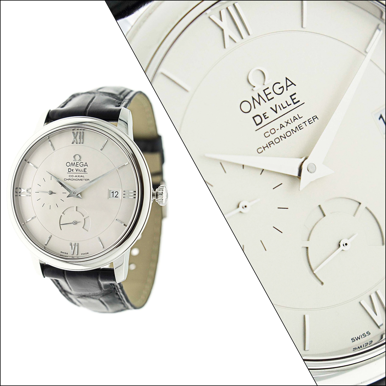 omega de ville ρολόι με ασημένιες λεπτομέρειες άσπρο καντράν και καφέ λουρί με το εσωτερικό του λουριού να είναι μπεζ