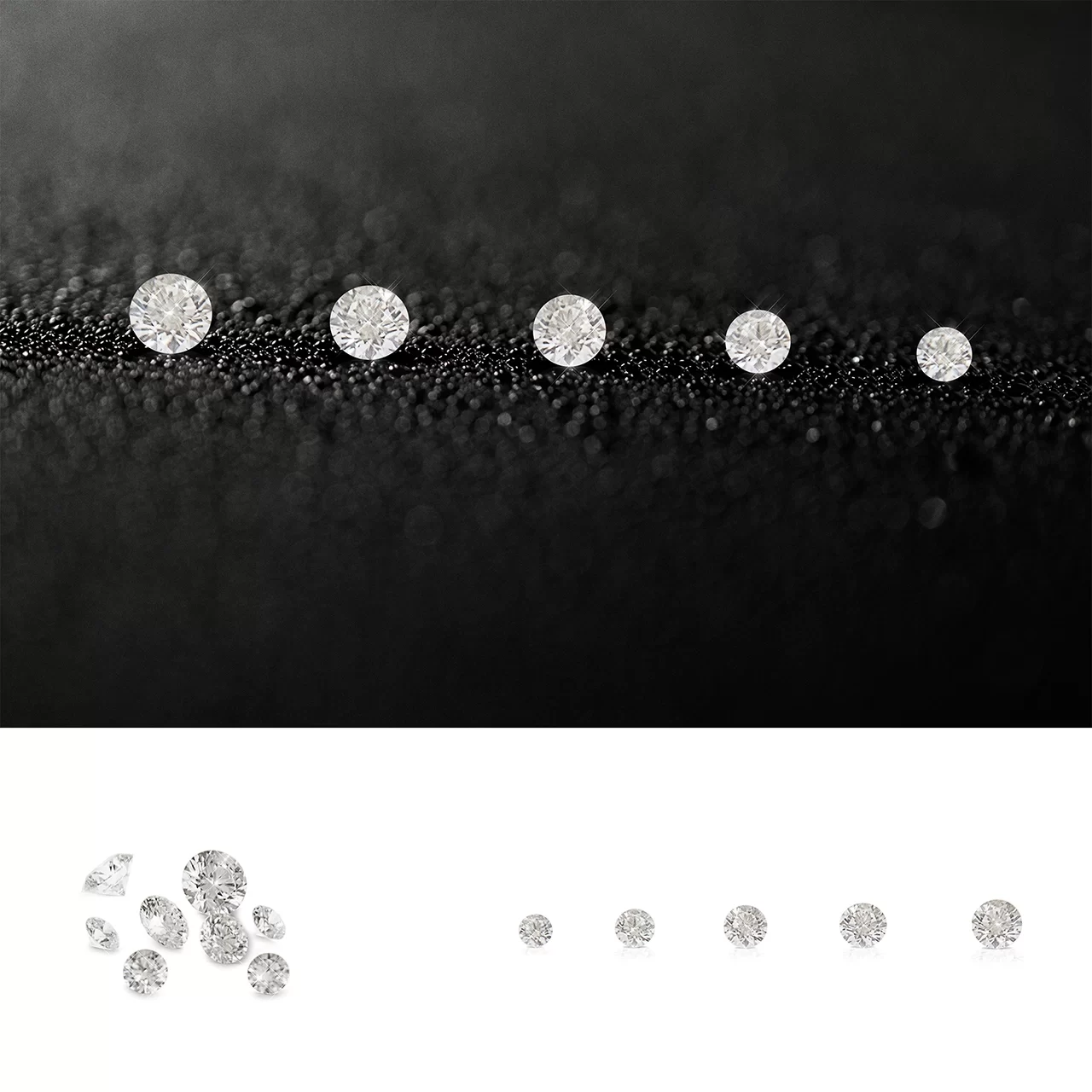 five small diamonds on a line on a black background a hanfull of diamonds and five diamonds of various size in a line