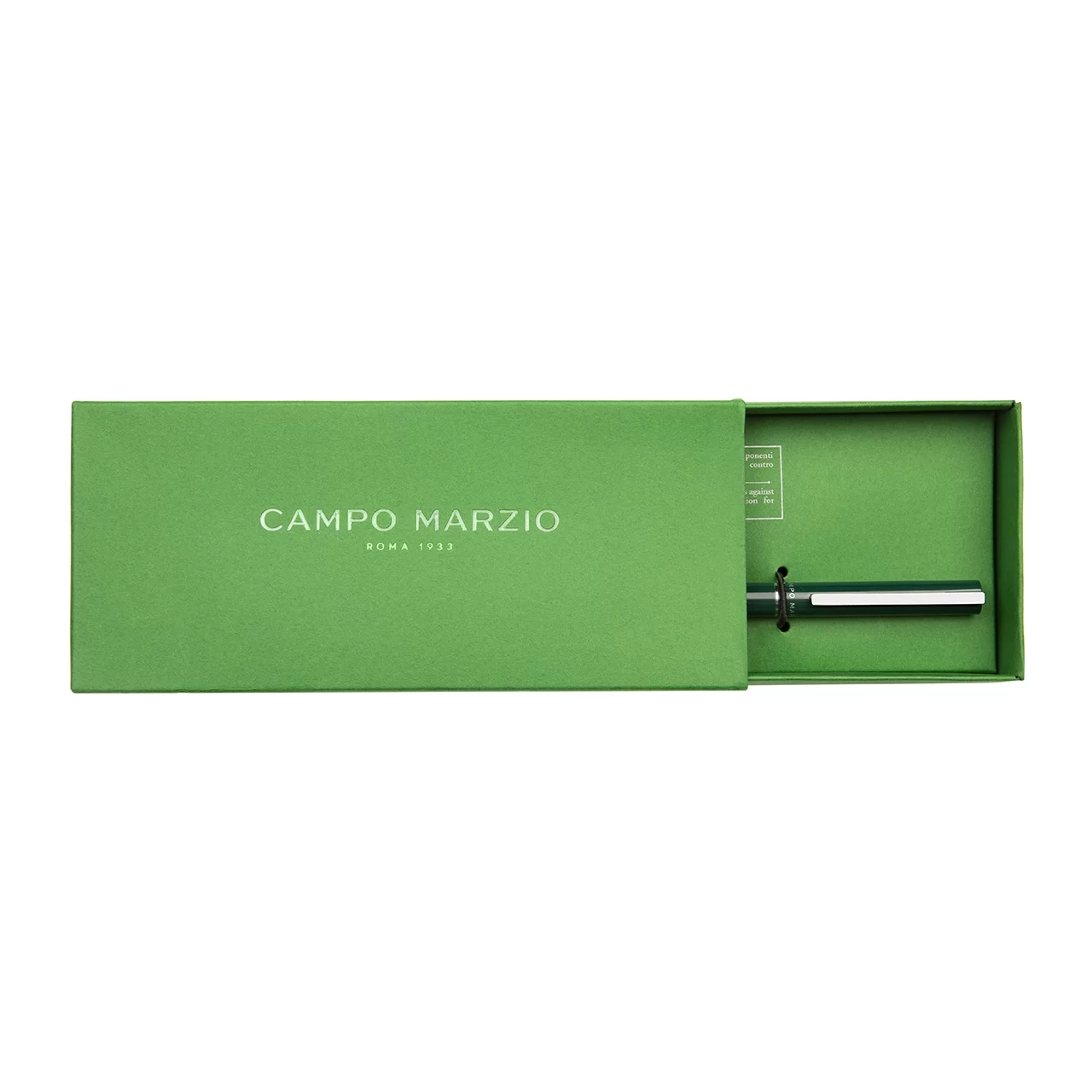 a green campo marzio rectangular pen case that is open and inside it it has a black pen