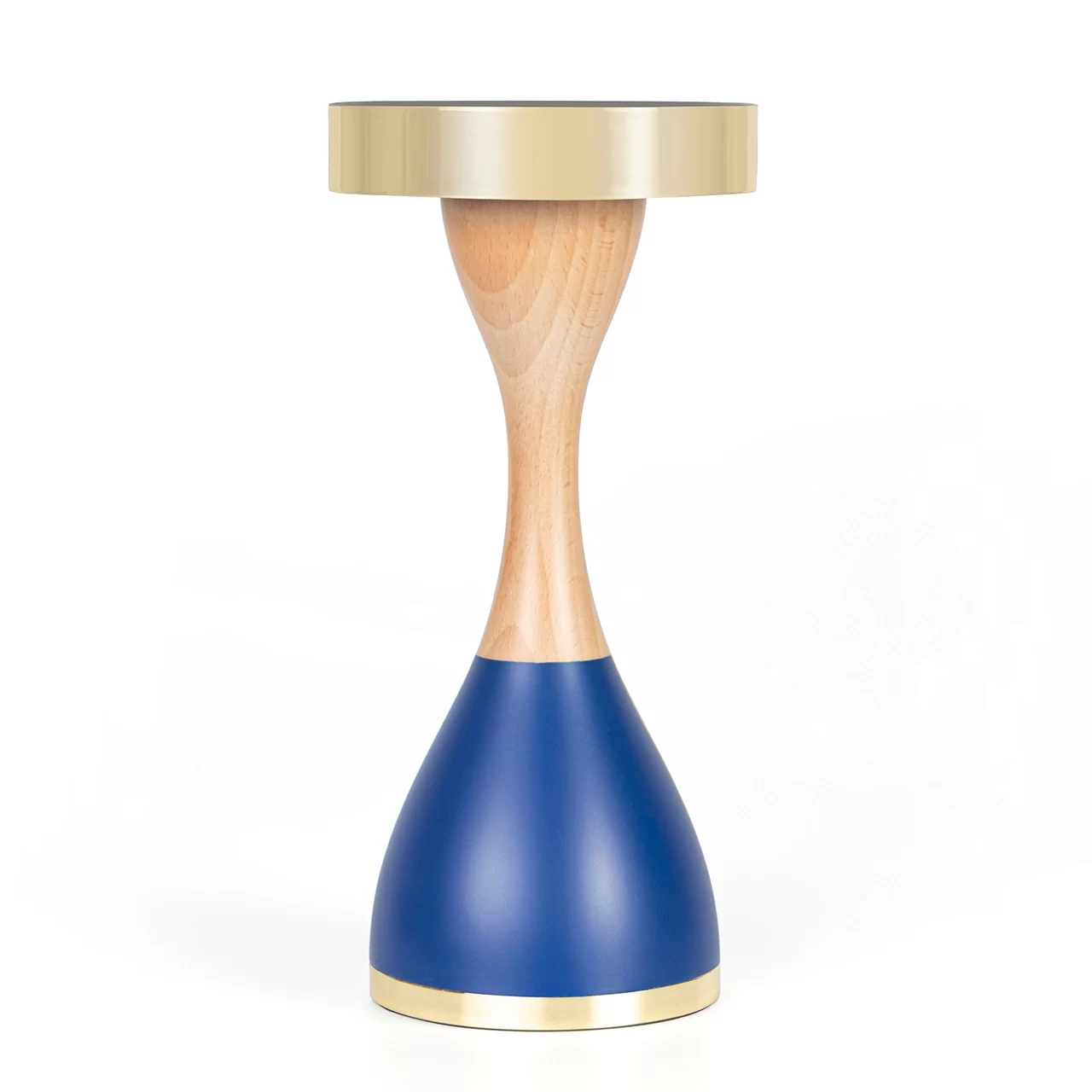 table lamp that has silver head with wooden body and has blue accent color