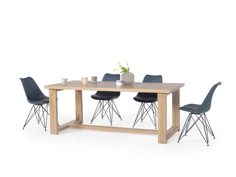 A table surrounded by 4 black chairs and a plant on top of the table