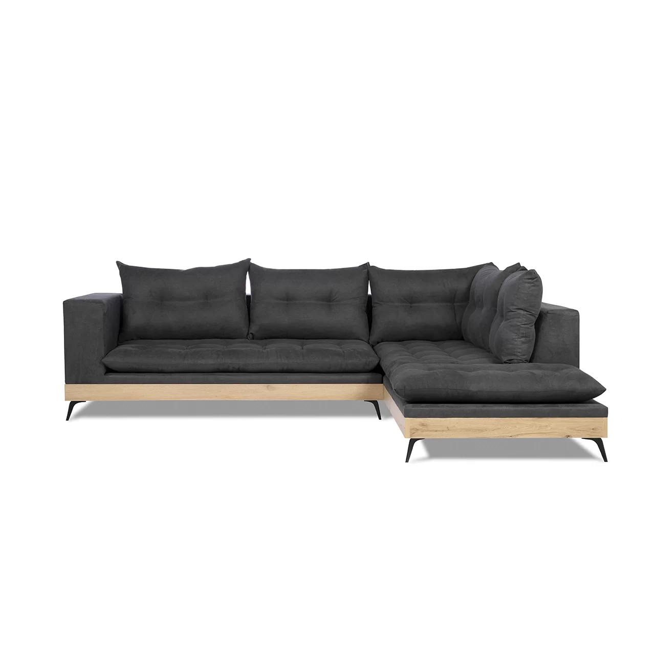 μαύρος γωνιακός καναπές με ξύλινες λεπτομέρειες