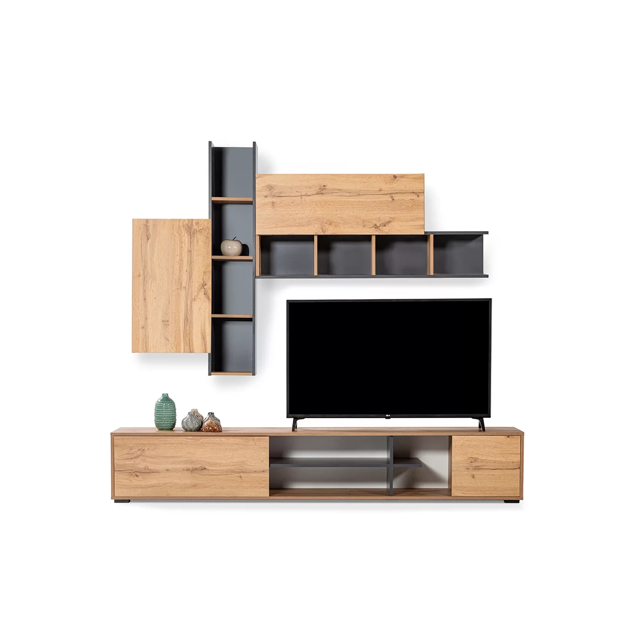 an entertainment and tv center with shelves and a tv